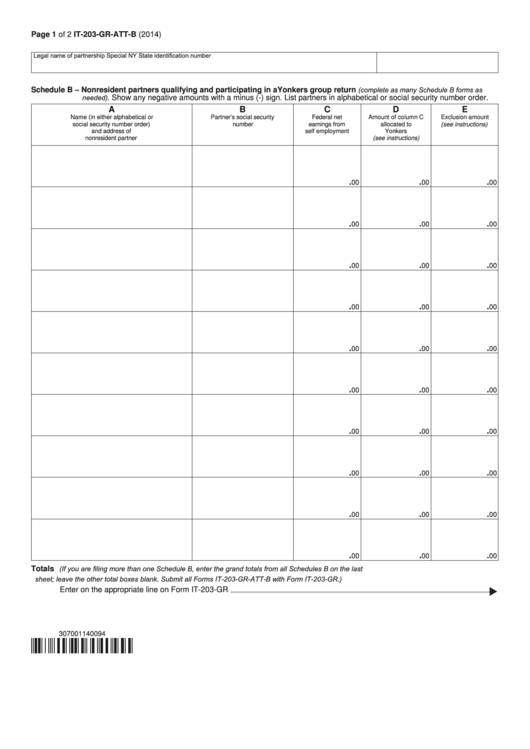 Fillable Schedule B (Form It-203-Gr-Att-B) - Nonresident Partners Qualifying And Participating In A Yonkers Group Return - 2014 Printable pdf