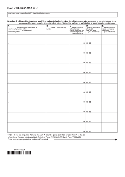 Fillable Schedule A (Form It-203-Gr-Att-A) - Nonresident Partners Qualifying And Participating In A New York State Group Return - 2014 Printable pdf