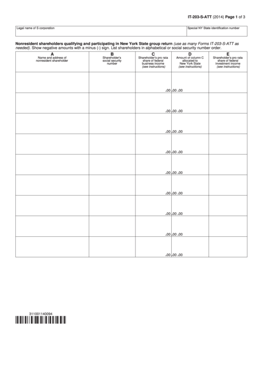 Fillable Form It-203-S-Att - Nonresident Shareholders Qualifying And Participating In New York State Group Return - 2014 Printable pdf
