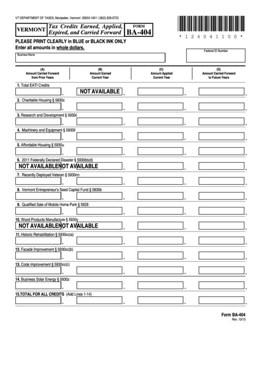 Fillable Form Ba-404 - Vermont Tax Credits Earned, Applied, Expired, And Carried Forward Printable pdf