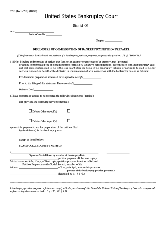 Form 280 - Disclosure Of Compensation Of Bankruptcy Petition Preparer Printable pdf