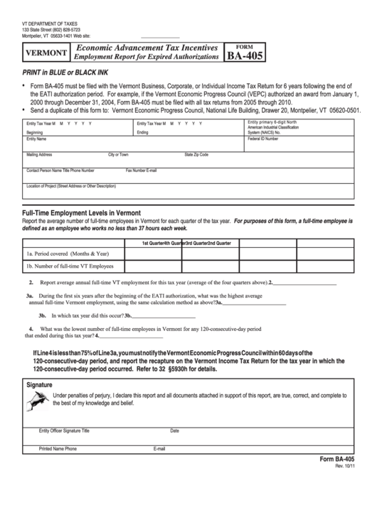 Form Ba-405 - Vermont Economic Advancement Tax Incentives Printable pdf