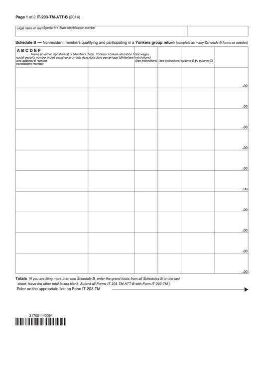 Fillable Schedule B (Form It-203-Tm-Att-B) - Nonresident Members Qualifying And Participating In A Yonkers Group Return - 2014 Printable pdf