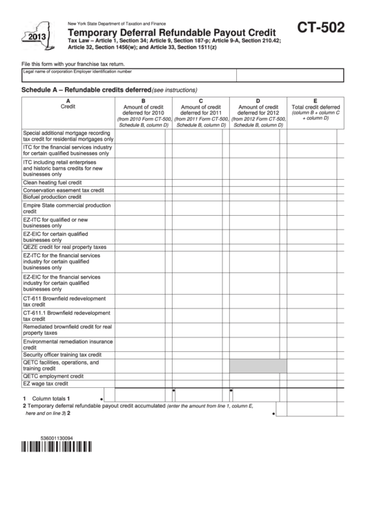 Form Ct-502 - Temporary Deferral Refundable Payout Credit - 2013 Printable pdf