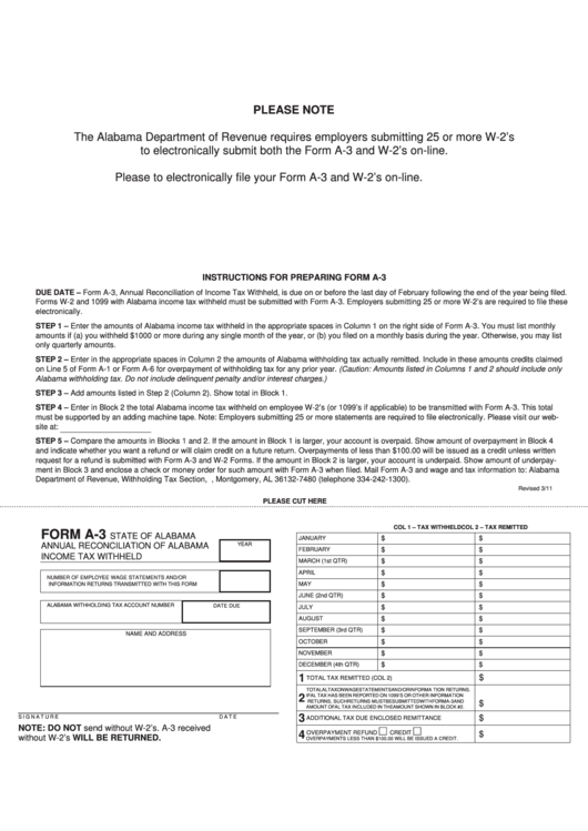 Fillable Form A-3 - Annual Reconciliation Of Alabama Income Tax Withheld Printable pdf