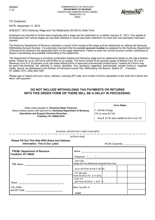 Form W-2/k-2 - Kentucky Wage And Tax Statements Order Form - 2012 Printable pdf