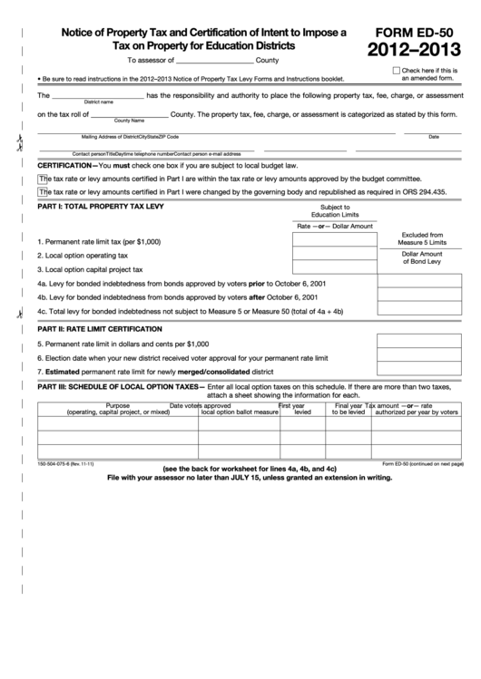 Fillable Form Ed-50 - Notice Of Property Tax And Certification Of Intent To Impose A Tax On Property For Education Districts - 2012-2013 Printable pdf