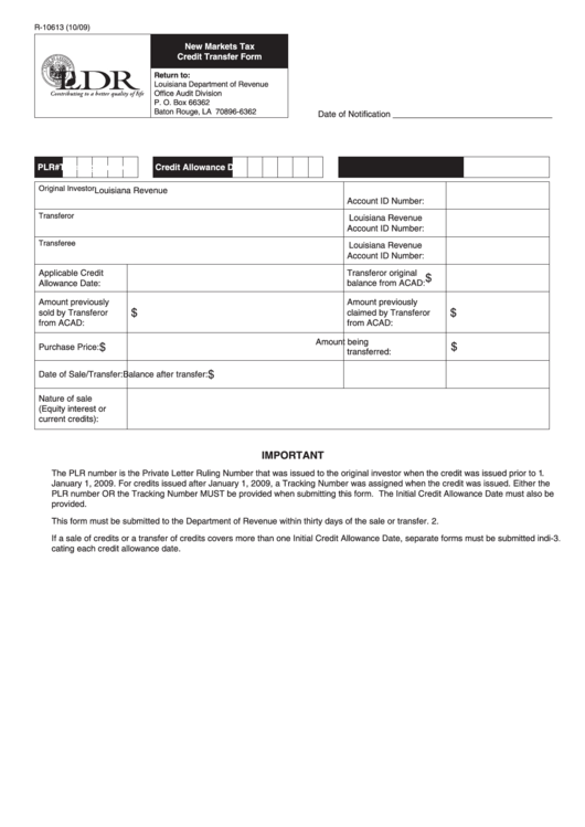 Form R-10613 - New Markets Tax Credit Transfer Form Printable pdf