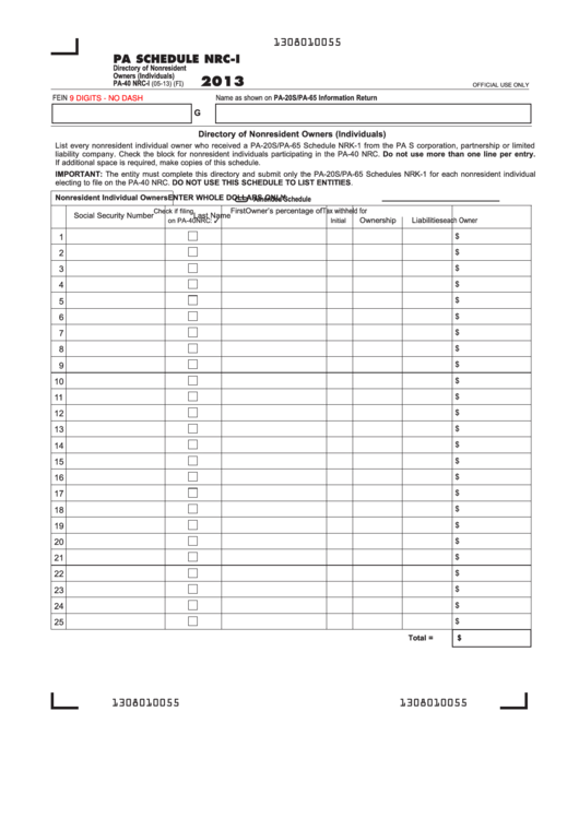Fillable Form Pa-40 Nrc-I - Pa Schedule Nrc-I - Directory Of Nonresident Owners (Individuals) - 2013 Printable pdf