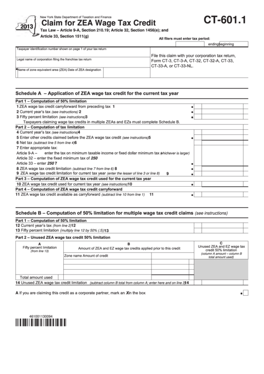 Form Ct-601.1 - Claim For Zea Wage Tax Credit - 2013 Printable pdf