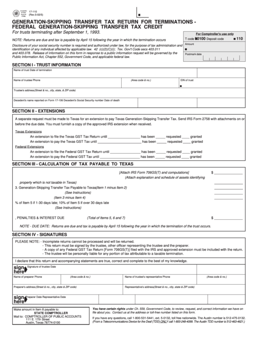 Fillable Form 17-110 - Generation-Skipping Transfer Tax Return For Terminations Federal Generation-Skipping Transfer Tax Credit Printable pdf