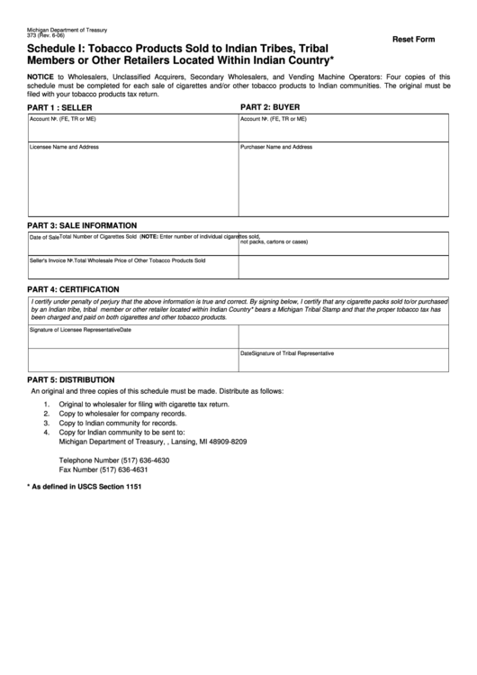 Fillable Form 373 (Schedule I) - Tobacco Products Sold To Indian Tribes, Tribal Members Or Other Retailers Located Within Indian Country Printable pdf