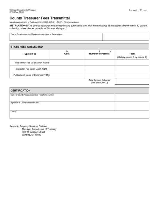 Fillable Form 3725 - County Treasurer Fees Transmittal Printable pdf