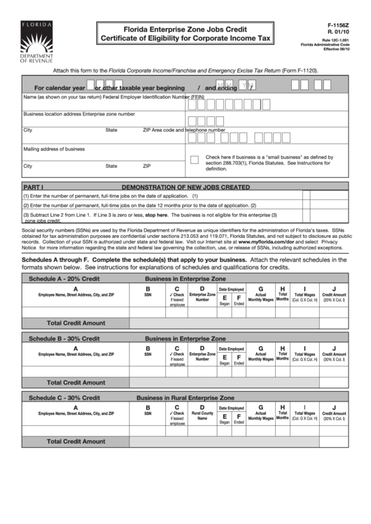 Form F-1156z - Florida Enterprise Zone Jobs Credit Certificate Of Eligibility For Corporate Income Tax Printable pdf