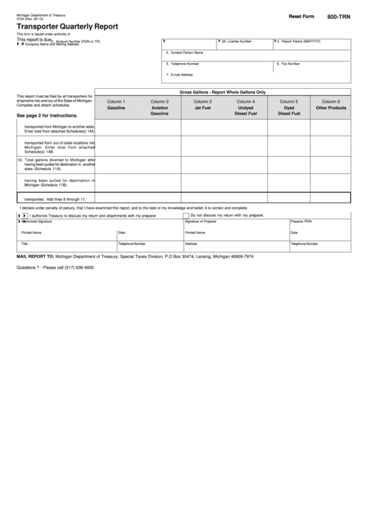 Fillable Form 3724 - Transporter Quarterly Report Printable pdf