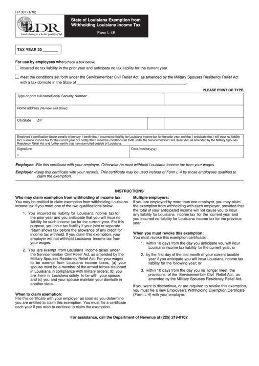 Form R-1307 - State Of Louisiana Exemption From Withholding Louisiana Income Tax Printable pdf