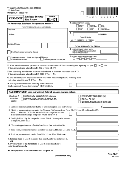 Fillable Form Bi-471 - Vermont Business Income Tax Return Printable pdf
