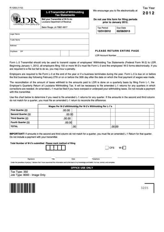 Fillable Form R-1203 - L-3 Transmittal Of Withholding Tax Statements - 2012 Printable pdf