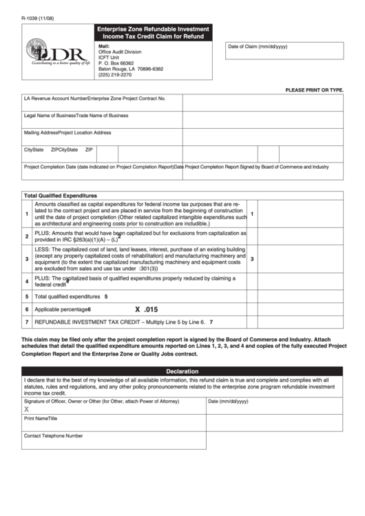 Fillable Form R-1039 - Enterprise Zone Refundable Investment Income Tax Credit Claim For Refund Printable pdf