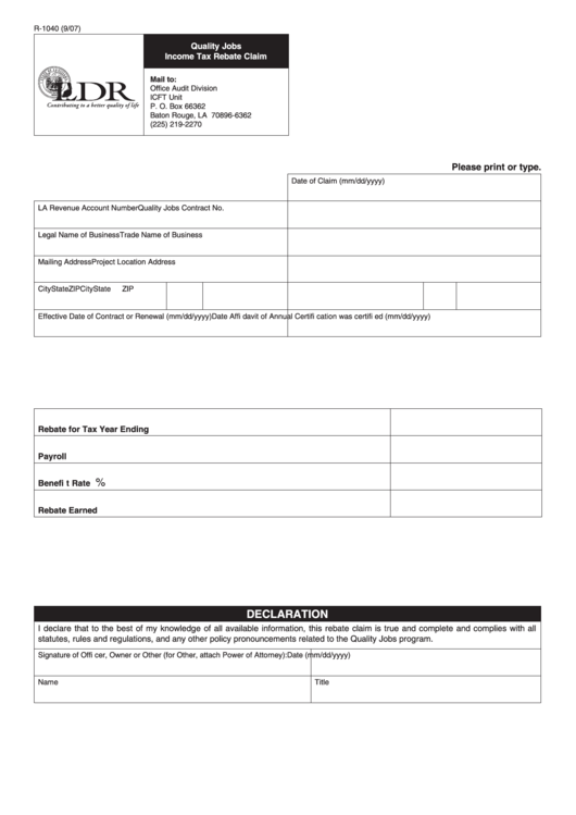 Fillable Form R-1040 - Quality Jobs Income Tax Rebate Claim Printable pdf