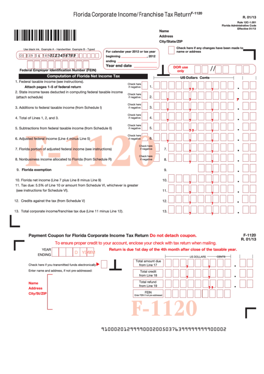 Fillable Form F 1120 Florida Corporate Income franchise Tax Return 