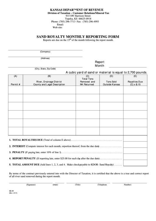 Fillable Form Sr-89 - Sand Royalty Monthly Reporting Form Printable pdf