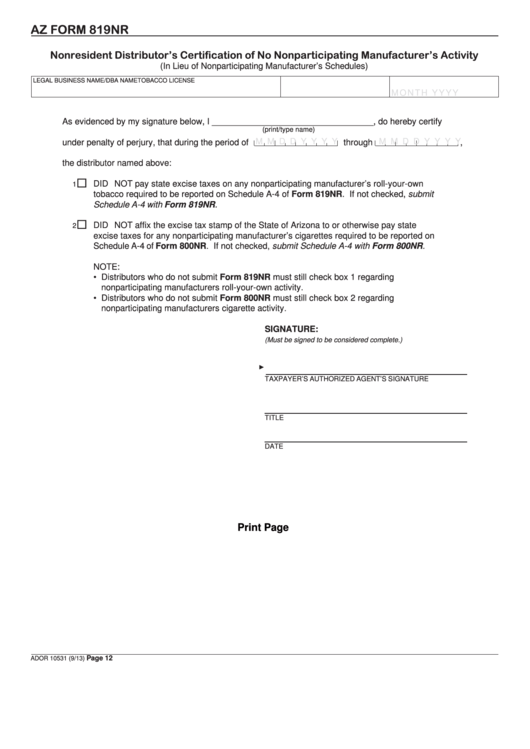 Fillable Arizona Form 819nr - Nonresident Distributor