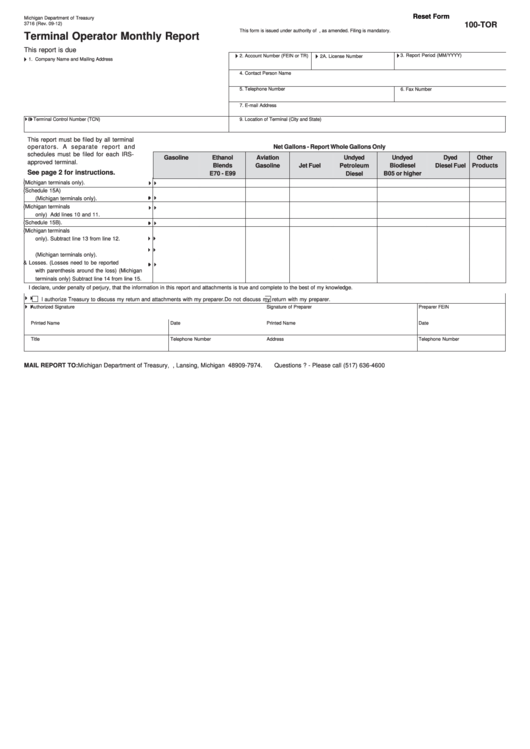 Fillable Form 3716 - Terminal Operator Monthly Report Printable pdf