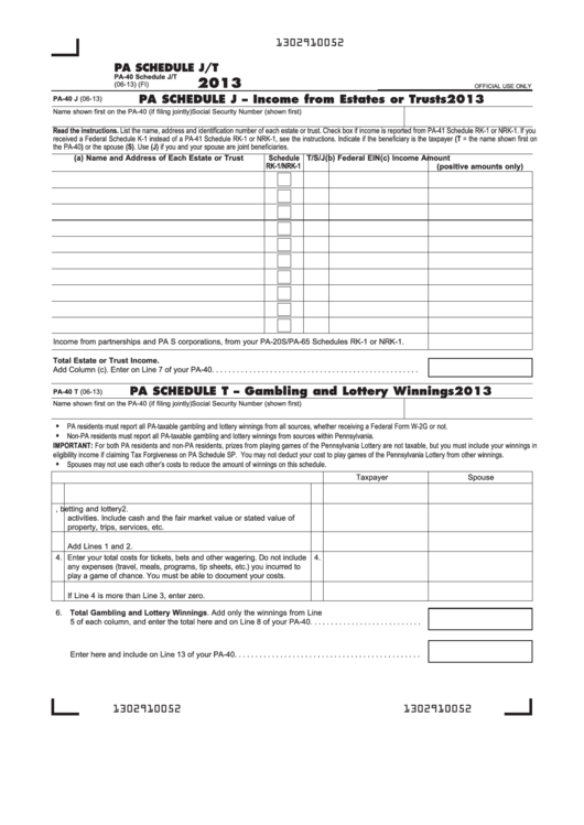 Fillable Form Pa-40 - Pa Schedule J - Income From Estates Or Trusts - 2013 Printable pdf