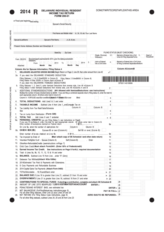 Fillable Form 200-01 - Delaware Individual Resident Income Tax Return - 2014 Printable pdf