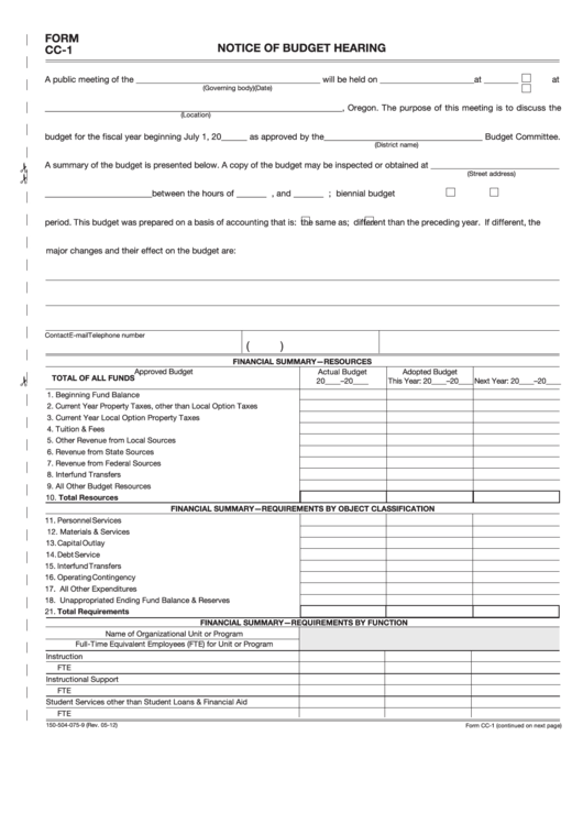 Fillable Form Cc-1 - Notice Of Budget Hearing Printable pdf