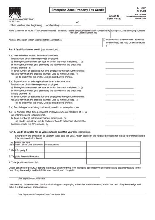 Form F-1158z - Enterprise Zone Property Tax Credit Printable pdf