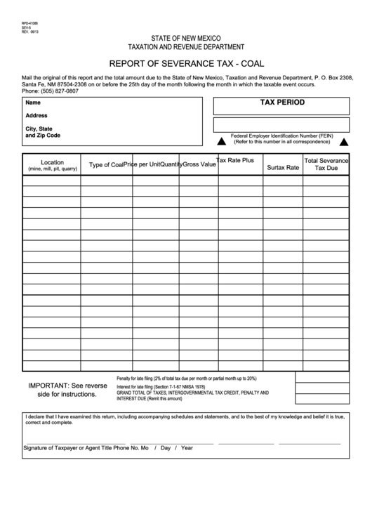 Fillable Form Rpd-41086 - Report Of Severance Tax - Coal Printable pdf