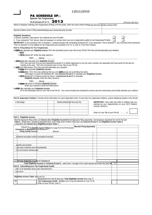 Fillable Form Pa-40 - Pa Schedule Sp (Fi) - Special Tax Forgiveness - 2013 Printable pdf