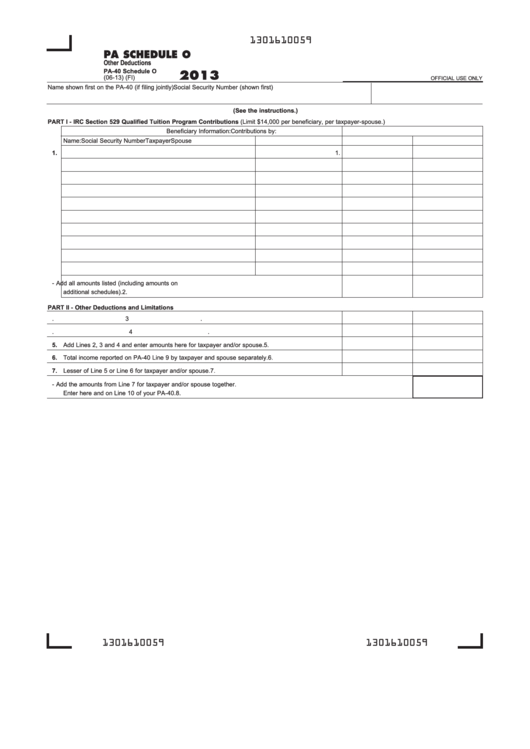 Fillable Form Pa-40 - Pa Schedule O - Other Deductions - 2013 Printable pdf