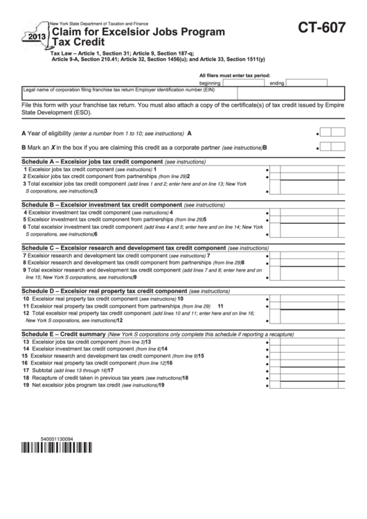 Form Ct-607 - Claim For Excelsior Jobs Program Tax Credit - 2013 Printable pdf