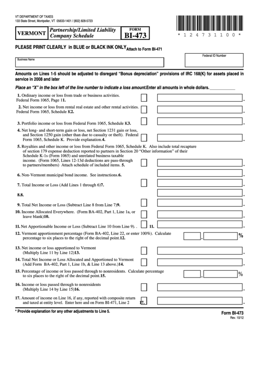 Fillable Form Bi-473 - Vermont Partnership/limited Liability Company Schedule Printable pdf