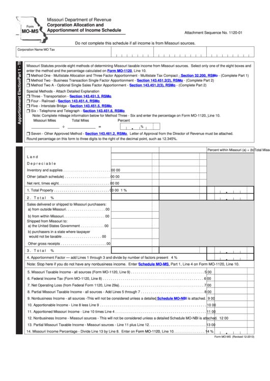 Fillable Form Mo-Ms - Corporation Allocation And Apportionment Of Income Schedule Printable pdf