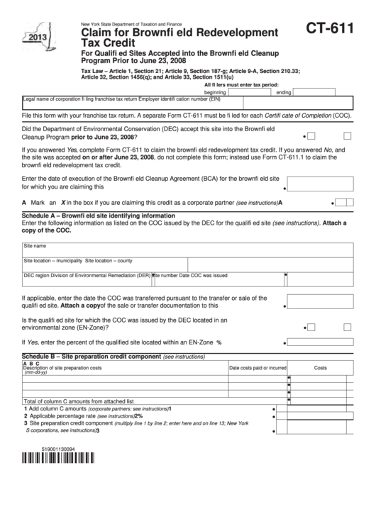 Form Ct-611 - Claim For Brownfi Eld Redevelopment Tax Credit - 2013 Printable pdf