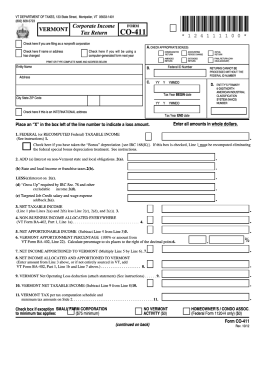Fillable Form Co-411 - Vermont Corporate Income Tax Return Printable pdf