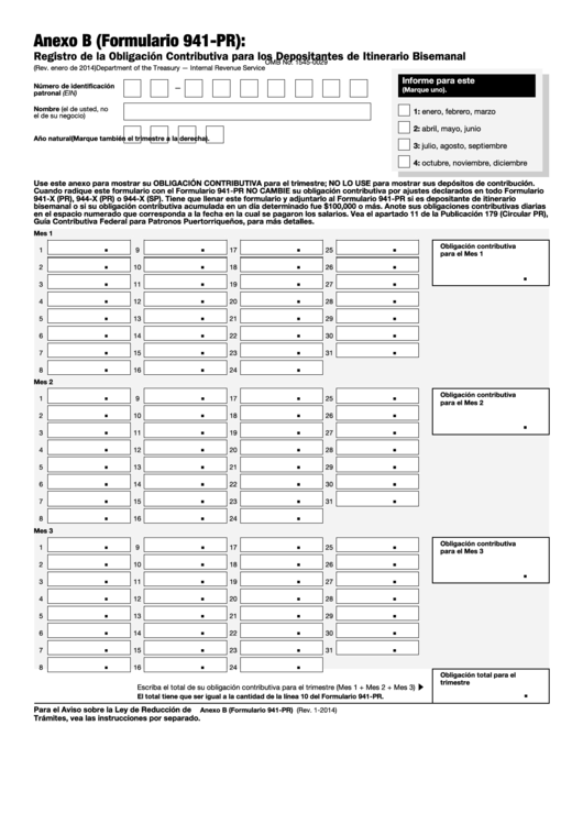 Fillable Anexo B (Formulario 941-Pr) - Registro De La Obligacion Contributiva Para Los Depositantes De Itinerario Bisemanal - 2014 Printable pdf