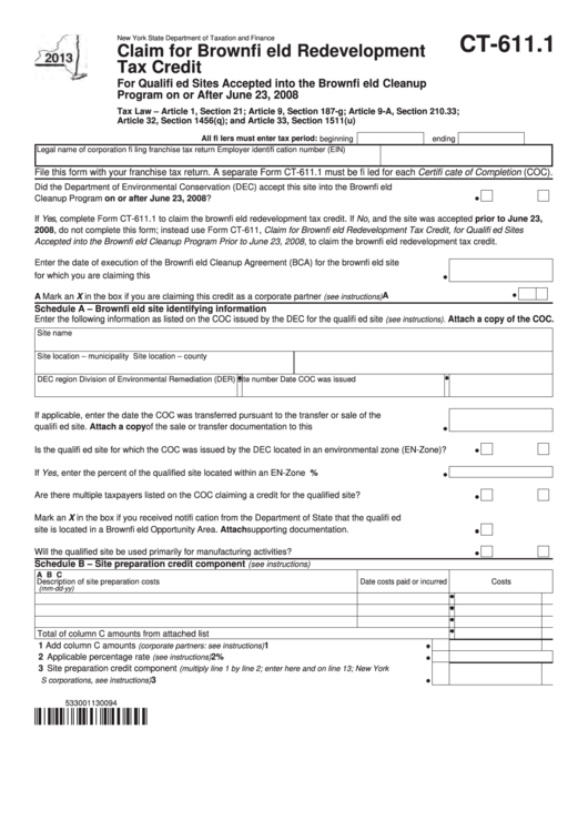 Form Ct-611.1 - Claim For Brownfi Eld Redevelopment Tax Credit - 2013 Printable pdf