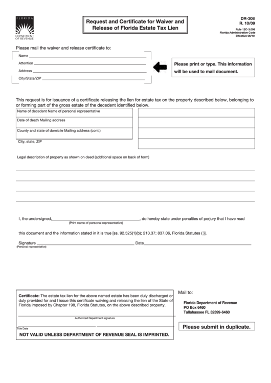 Form Dr-308 - Request And Certificate For Waiver And Release Of Florida Estate Tax Lien Printable pdf