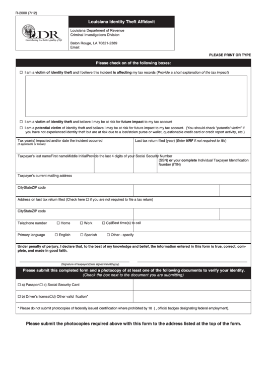 Fillable Form R-2000 - Louisiana Identity Theft Affidavit Printable pdf