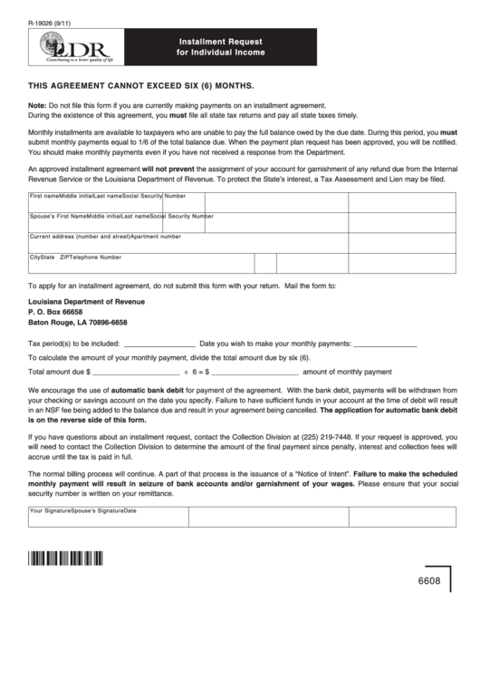 Fillable Form R-19026 - Installment Request For Individual Income Printable pdf