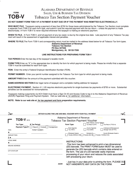 Fillable Form Tob-V - Tobacco Tax Section Payment Voucher Printable pdf