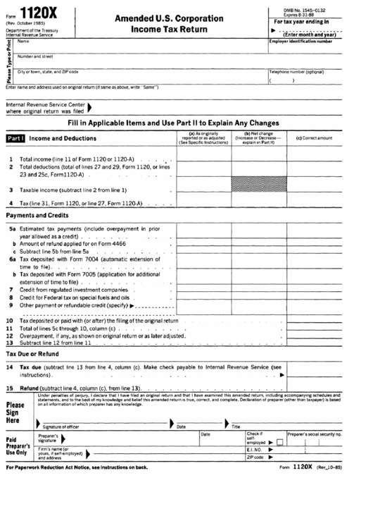 Form 1120x - Amended U.s. Corporation Income Tax Return Printable pdf