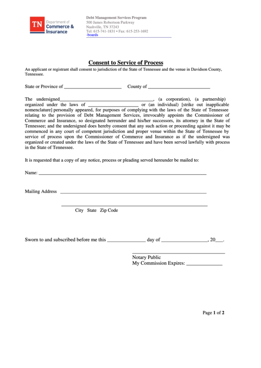 Fillable Consent To Service Of Process - Tennessee Department Of Commerce & Insurance Printable pdf