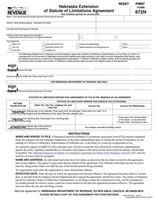 Fillable Form 872n - Nebraska Extension Of Statute Of Limitations Agreement Printable pdf