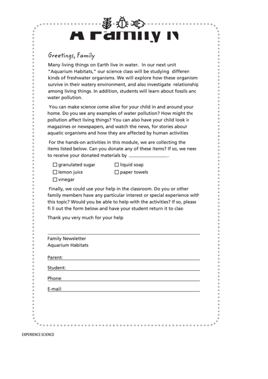 Aquarium Habitats Family Newsletter Template Printable pdf